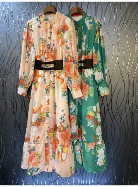 Женское платье макси с поясом, длинное платье абрикосового и зеленого цвета с цветочным принтом и длинным рукавом, осень 2022