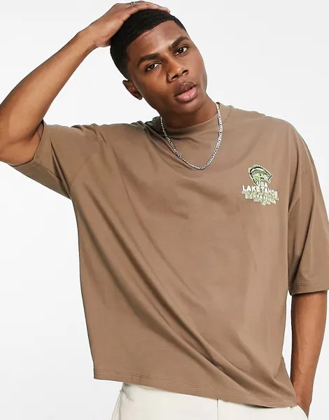 Коричневая oversized-футболка из органического хлопка с принтом озера Тахо на груди ASOS DESIGN-Коричневый цвет