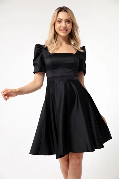Женское черное атласное вечернее платье миди с рукавами-фонариками расклешенного кроя Lafaba, черный