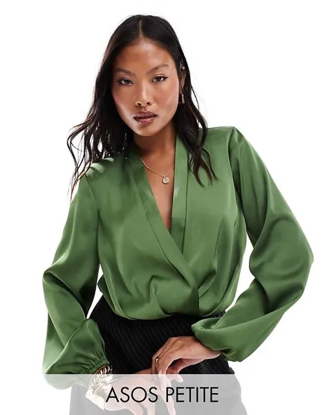 Оливково-зеленое боди с глубоким вырезом и подплечниками ASOS DESIGN Petite