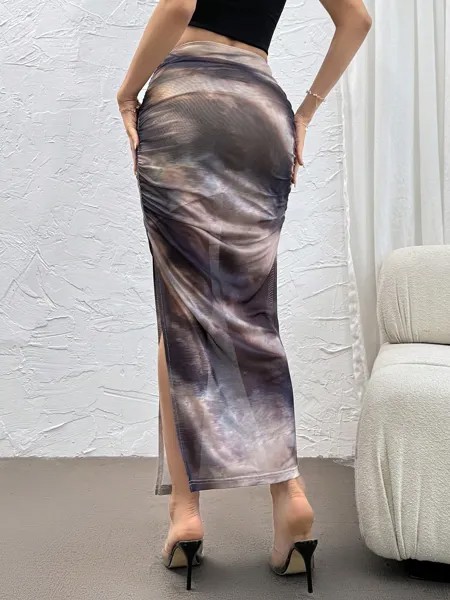 SHEIN Privé Женская элегантная узкая юбка с мраморным сетчатым принтом тай-дай в праздничном стиле, многоцветный