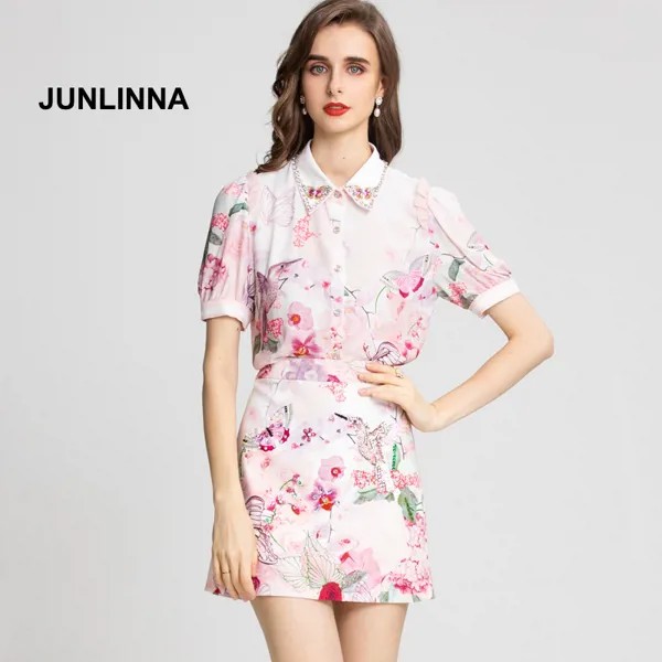 Женский дизайнерский комплект из 2 предметов JUNLINNA, летняя новая модная рубашка с принтом и юбка с блестками и бисером, подиумная женская оде...