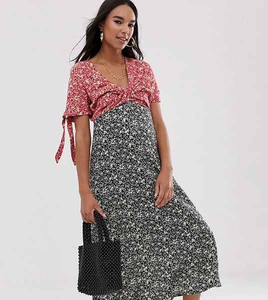 Чайное комбинированное платье миди с цветочным принтом и перекрученной отделкой ASOS DESIGN Maternity-Мульти