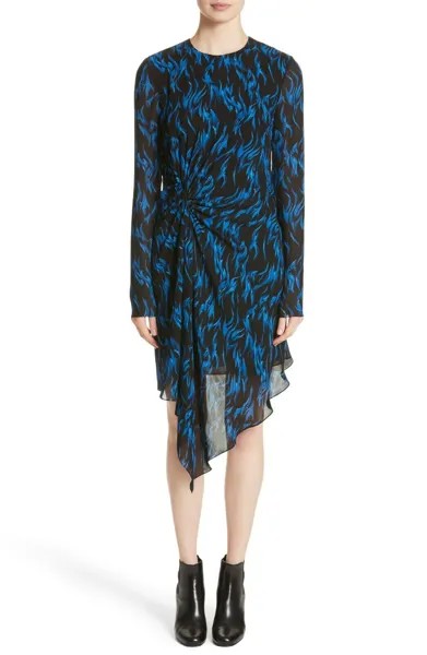 SAINT LAURENT Асимметричное платье из шелкового крепа сине-черного цвета с пламенным принтом 12 США 44IT