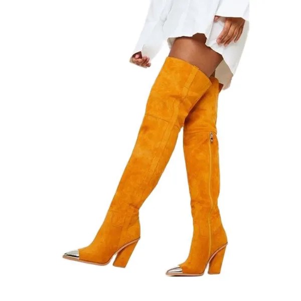 Женские ботфорты из мягкой замши, оранжевые однотонные Сапоги выше колена на блочном каблуке, с острым носком, на молнии, новинка зимы 2021