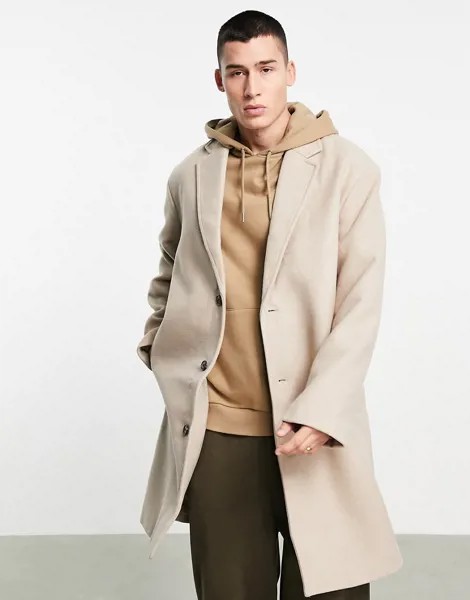 Длинное пальто цвета экрю свободного кроя из материала с добавлением шерсти ASOS DESIGN-Белый