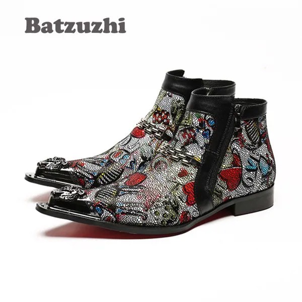 Ботинки Batzuzhi мужские ручной работы в итальянском стиле, дизайнерские короткие сапоги с острым металлическим носком, кожаные цветные ботинк...