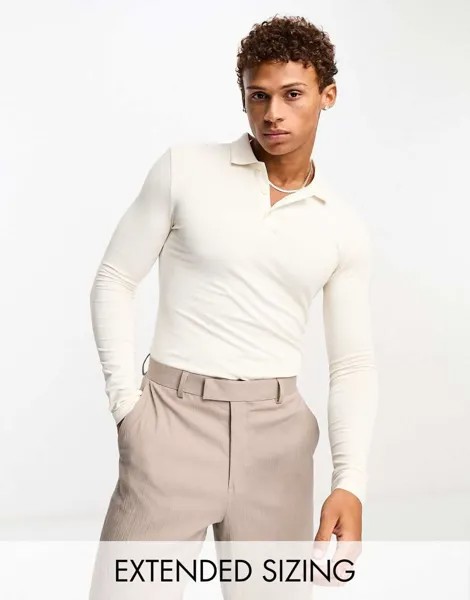 Кремовая рубашка-поло с длинными рукавами ASOS DESIGN