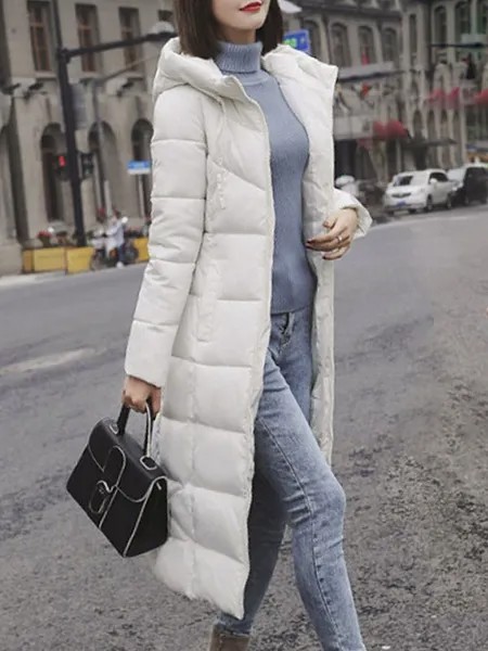 Milanoo Women White Puffer Coats Hooded Long Sleeve Zip Up Quilted Outerwear