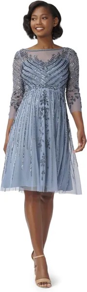 Платье Adrianna Papell Long Sleeve Beaded Fit-and-Flare Cocktail Dress, цвет Vintage Blue