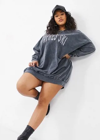 Серое платье-свитшот мини в стиле oversized с надписью «Apres Ski» и принтом тай-дай ASOS DESIGN Curve-Серый