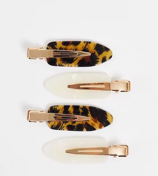 Набор из 4 плоских заколок-зажимов для волос с леопардовым и перламутровым дизайном Reclaimed Vintage Inspired-Разноцветный
