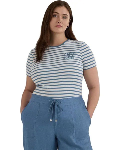 Футболка LAUREN Ralph Lauren Plus-Size Striped Stretch Cotton Crewneck, цвет White/Pale Azure