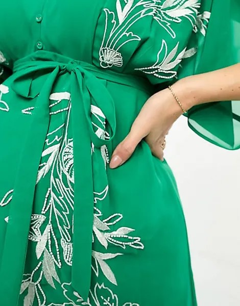 Зеленое платье миди с глубоким вырезом спереди и вышивкой Hope & Ivy Maternity