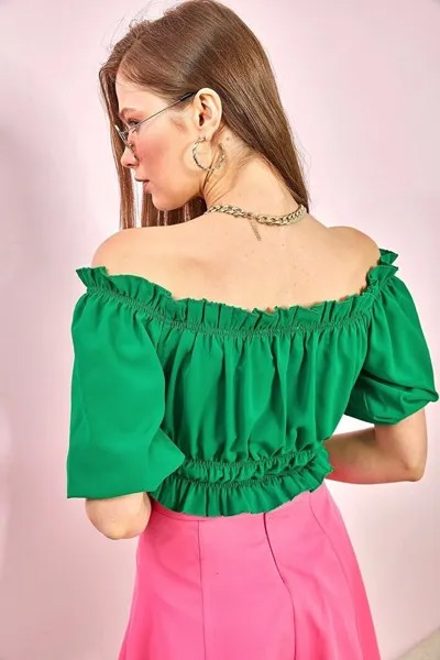 Женская блузка с воротником Мадонна из ткани Джессика на шнуровке спереди SHADE, зеленый