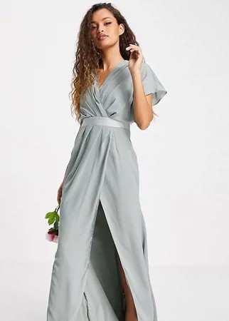 Оливковое платье макси со свободным воротом, короткими рукавами и пуговицами сзади ASOS DESIGN Petite Bridesmaid-Зеленый цвет