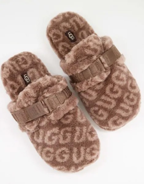 Коричневые пушистые слиперы из овчины со сплошным принтом логотипа Ugg-Коричневый цвет