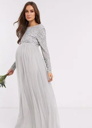 Серебристое платье макси из тюля с длинными рукавами Maya Maternity Bridesmaid-Серый