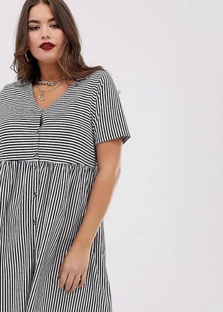 Свободное платье мини в полоску на пуговицах с V-образным вырезом ASOS DESIGN Curve-Мульти