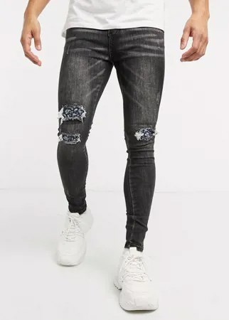 Серые зауженные джинсы из пейсли с рваной отделкой и тканевыми вставками на коленях Good For Nothing-Серый