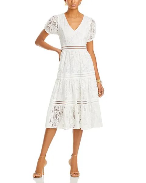Кружевное платье-миди с короткими рукавами AQUA, цвет White