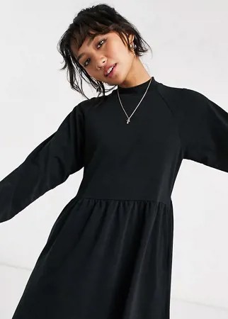 Черное платье-свитшот с высоким воротом и объемными рукавами New Look Petite-Черный цвет