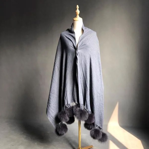 Кашемировая шаль шарф женский зимний меховой помпон из лисьего меха толстый шарф из пашмины