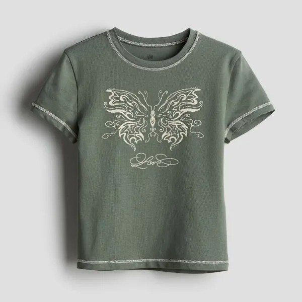 Футболка H&M Kids Print Butterfly, темно-зеленый