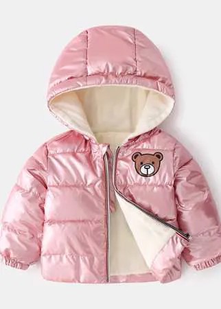 Для девочек Утепленная куртка с принтом медведя на термальной подкладке с капюшоном металлический