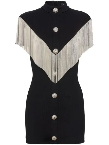 Balmain платье мини с высоким воротником и бахромой, черный