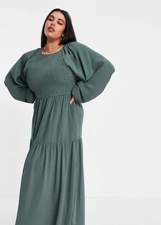 Платье макси цвета хаки с присборенным лифом ASOS DESIGN Curve-Зеленый цвет