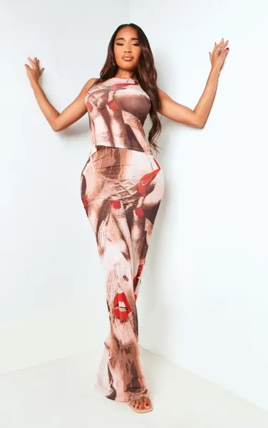 PrettyLittleThing Макси-юбка с сетчатым принтом Shape телесного цвета и губ