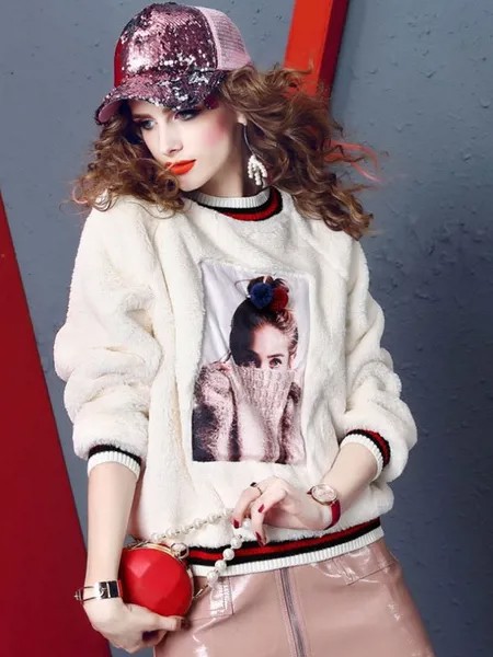 Milanoo Women Hoodie White Long Sleeves Artwork Printed Polyester Hooded Sweatshirt