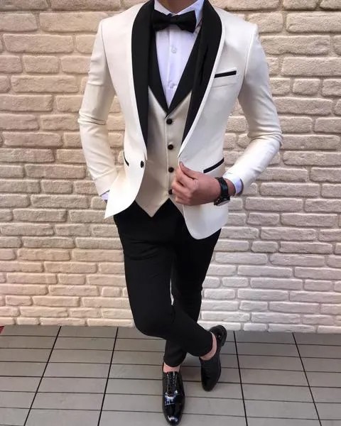 Мужской повседневный костюм-тройка, белый однотонный смокинговый костюм с шалевым воротником, Свадебный костюм для жениха (Блейзер + жилет + брюки), 2020