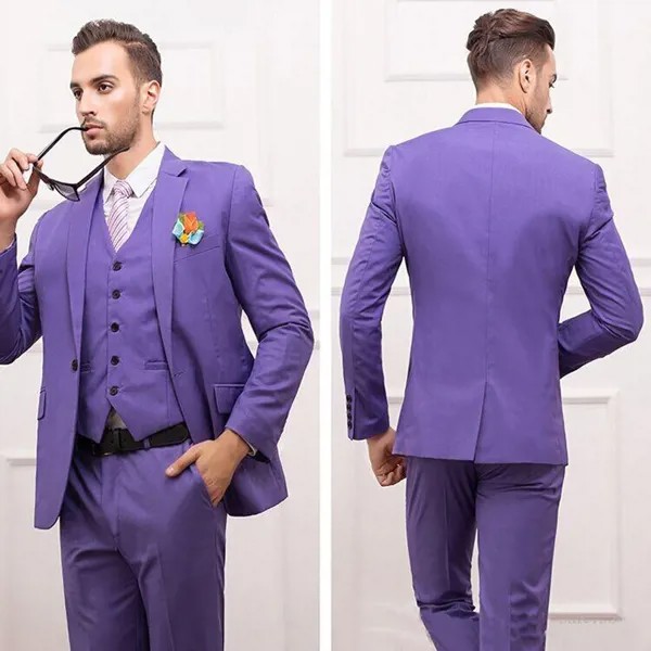 Облегающие мужские смокинги для жениха, фиолетовые смокинги для жениха с вырезом на отвороте, мужской костюм на одной пуговице, свадебные костюмы для лучших мужчин, куртка + брюки + жилет