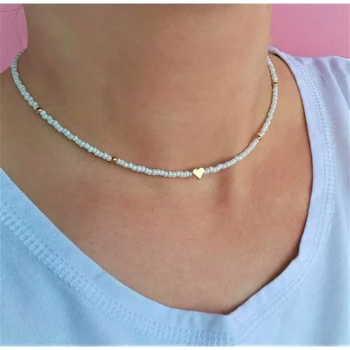 Колье, длина 40 см, белый/золотой