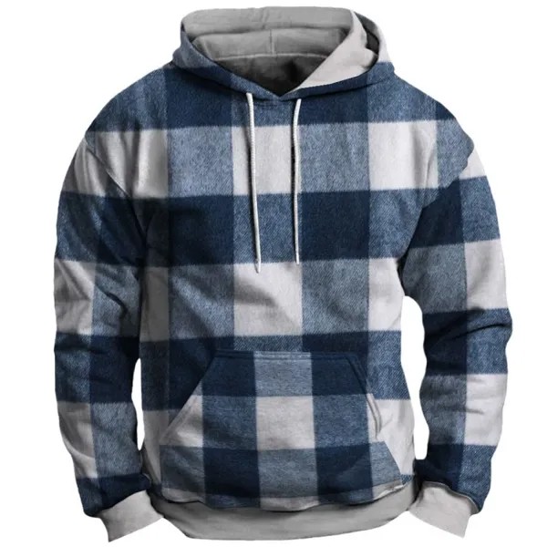 Мужской винтажный повседневный свитер с карманом и капюшоном в клетку