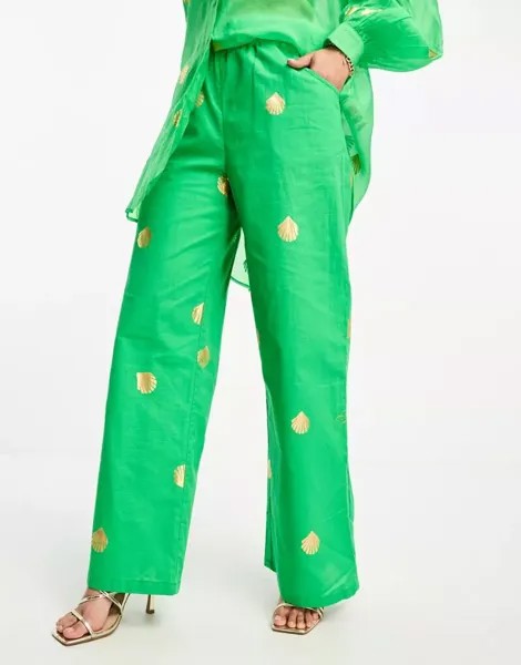 Зеленые широкие брюки Never Fully Dressed с металлизированным узором в виде ракушек