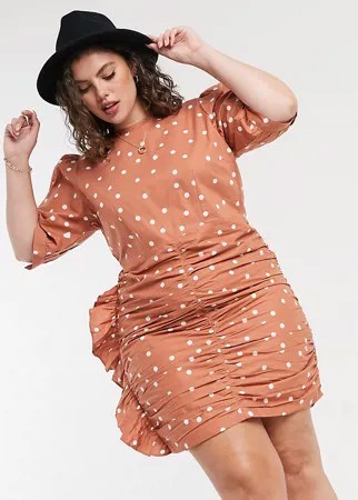 Платье мини в горошек с длинными рукавами и сборками по бокам Influence Plus-Оранжевый цвет