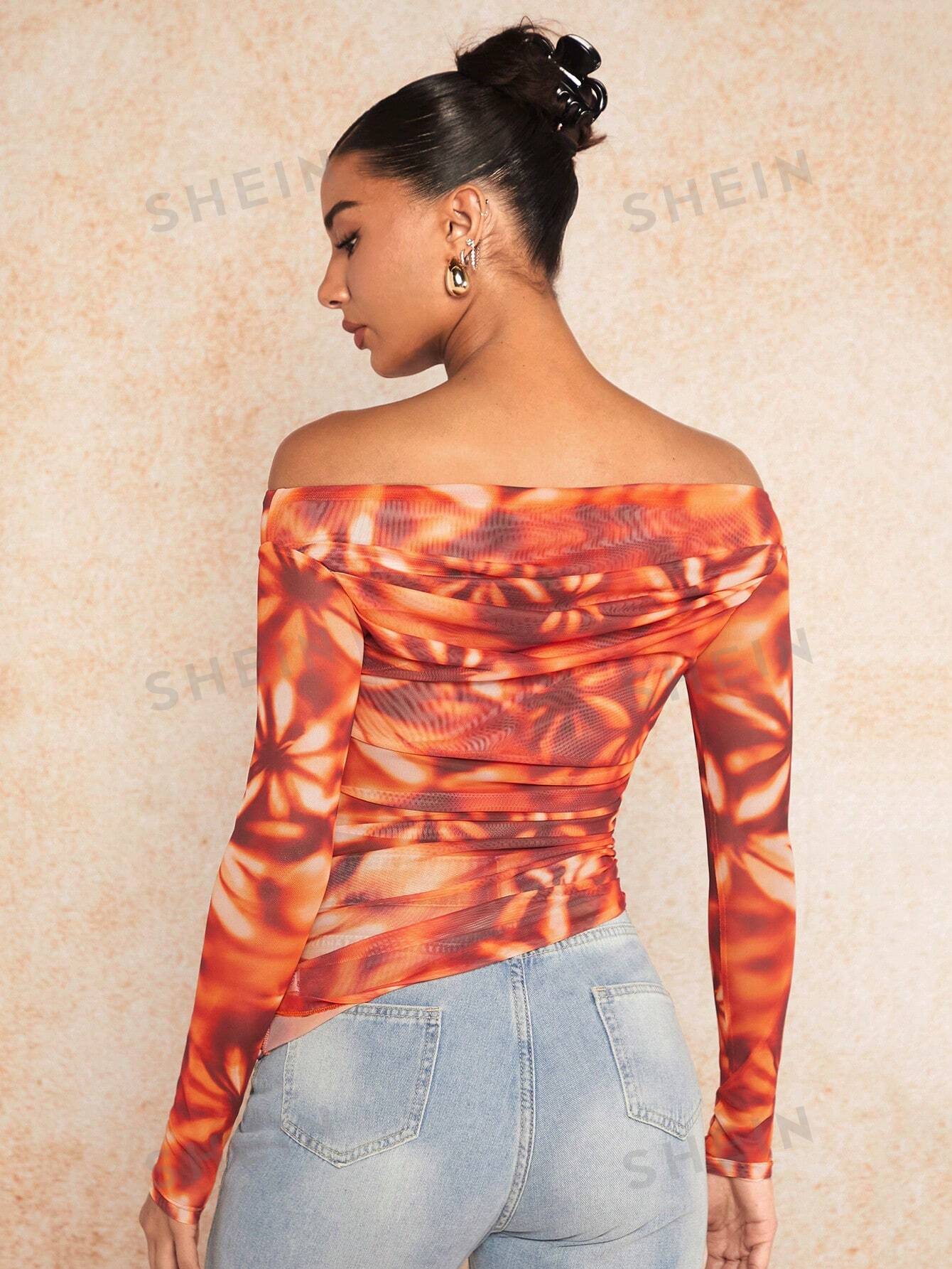 SHEIN BAE Однотонная приталенная футболка с открытыми плечами и складками, абрикос