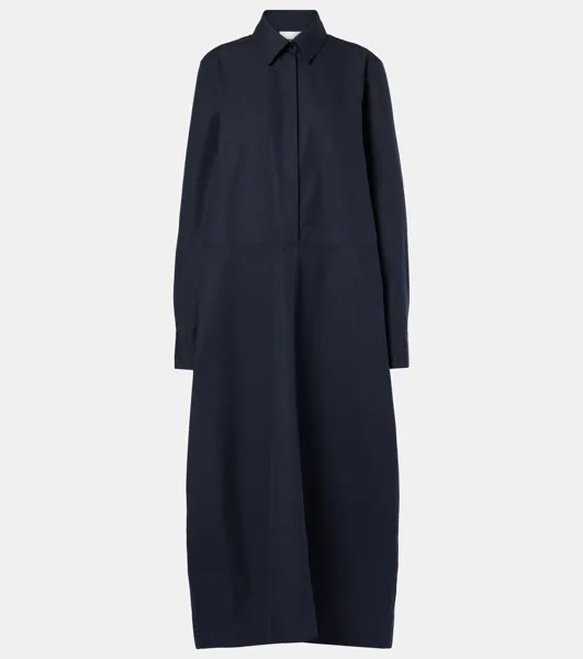 Платье-рубашка из хлопкового поплина со сборками Jil Sander, темно-синий