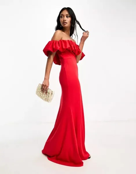 Красное платье макси с открытыми плечами и узором «рыбий хвост» True Violet Black Label
