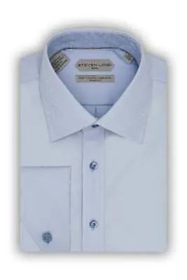 Steven Land Мужская классическая рубашка классического кроя из 100% хлопка синего цвета с французскими манжетами и без глажки
