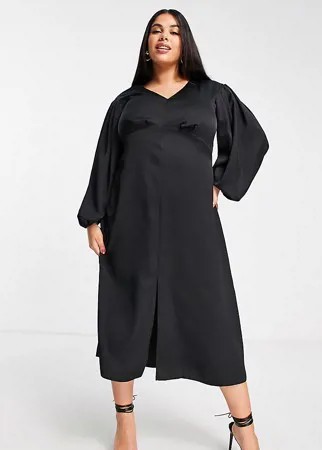 Черное платье миди с завышенной линией талии и объемными рукавами Closet London Plus-Черный цвет
