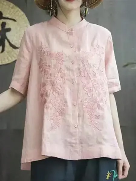 SHEIN LUNE новая женская летняя рубашка с открытой передней частью и розовой текстурой в китайском стиле с вышивкой, розовый