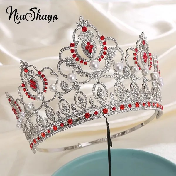 Роскошная круглая Корона невесты NiuShuya, большая тиара с жемчугом, свадебные украшения для волос, корона королевы, диадема для женщин, аксессу...