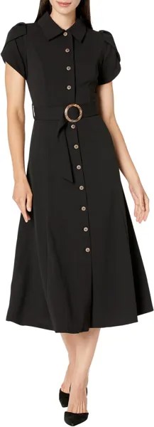 Платье Calvin Klein Scuba Crepe Dress with Ruffle Skirt and Tie Belt, черный