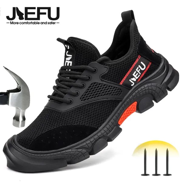 Защитная обувь JIEFU со стальным носком для мужчин и женщин, Нескользящие рабочие кроссовки на резиновой подошве, прочная Строительная обувь