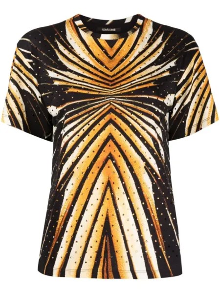 Футболка с кристаллами и геометричным принтом Roberto Cavalli, коричневый