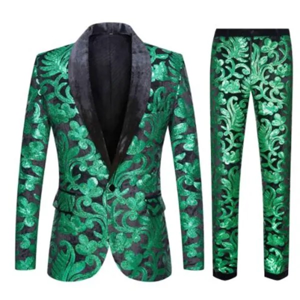 Зеленые бархатные костюмы, мужские блейзеры, куртки, приталенные свадебные костюмы для жениха, шафера из двух частей, Повседневная официальная одежда певица, зеленая